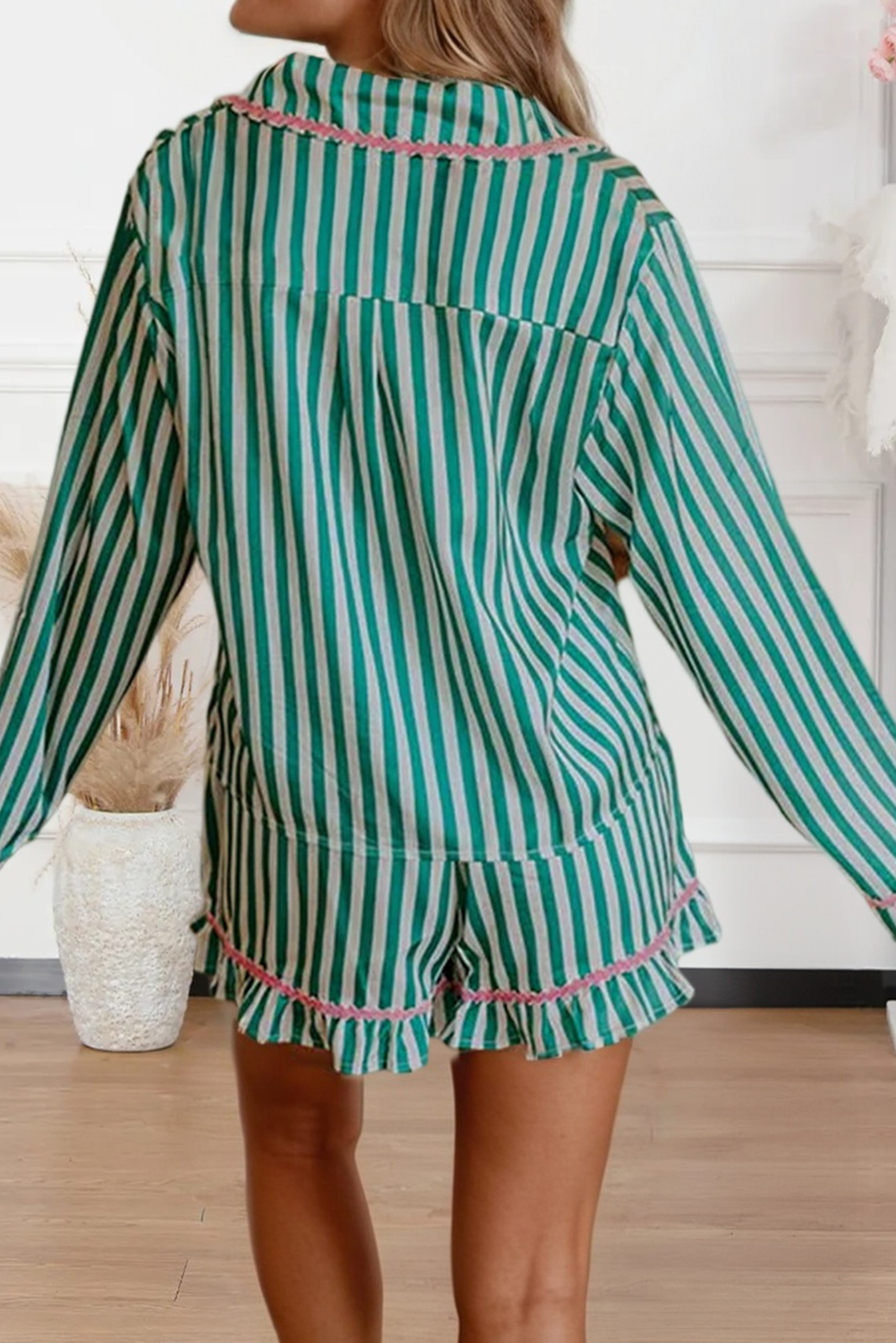 Long Sleeve Shirt Ribbon Drawstring Pajama Short Set
