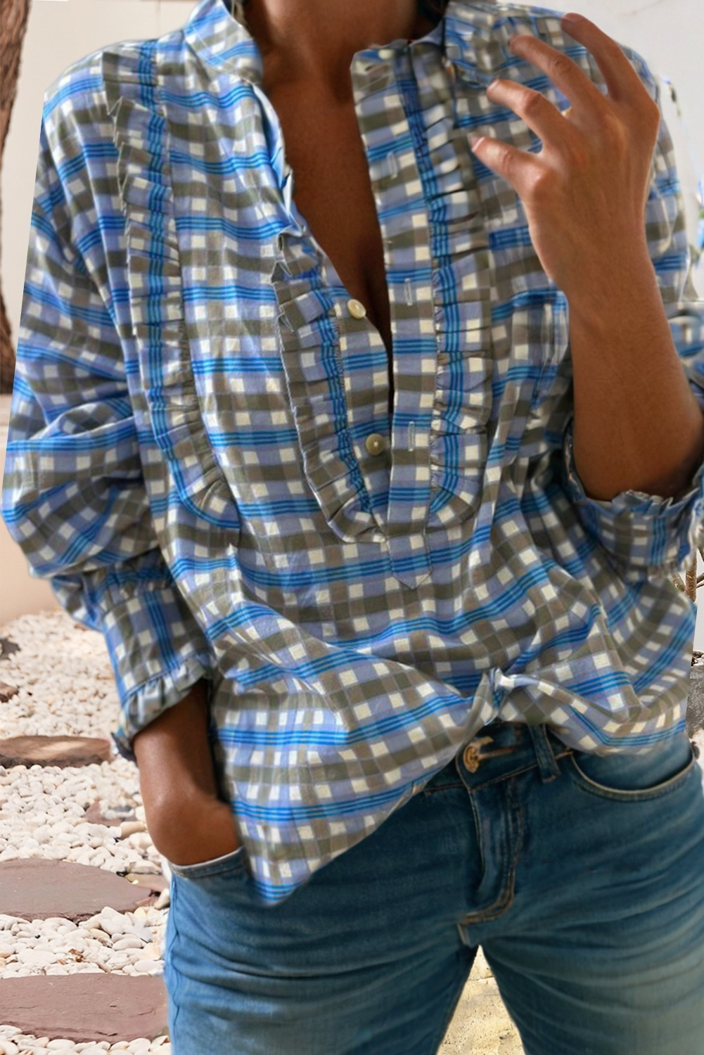 Plaid Long Sleeve Frilled Detail Half Button Blouse