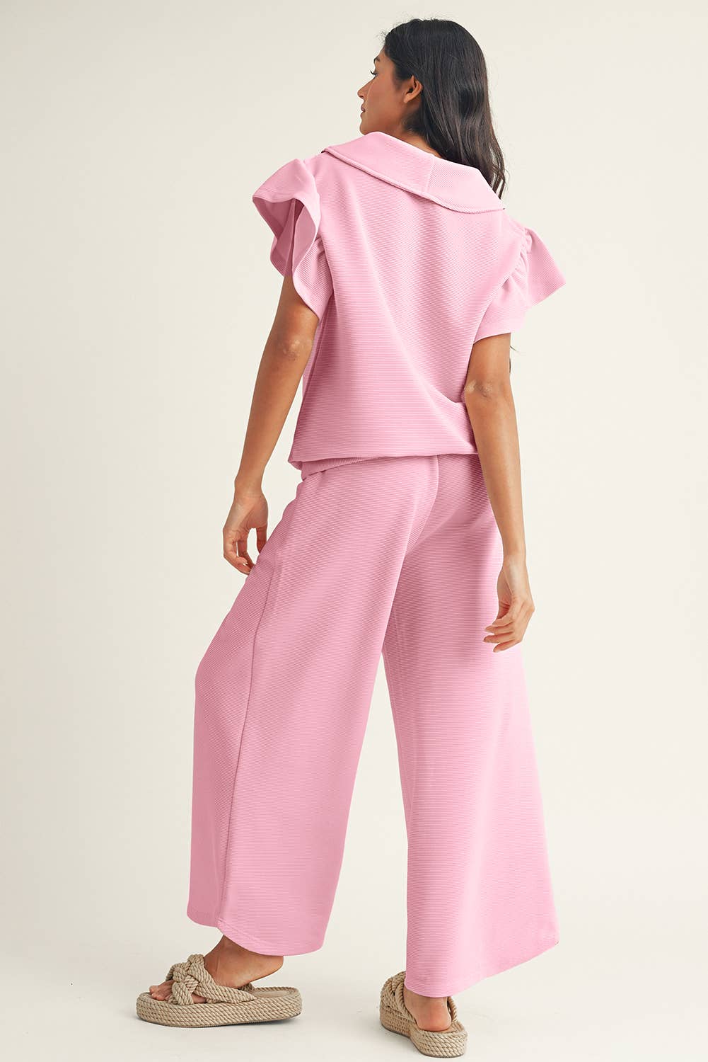 Textured Ruffled Sleeve Top and Wide Leg Pants Set