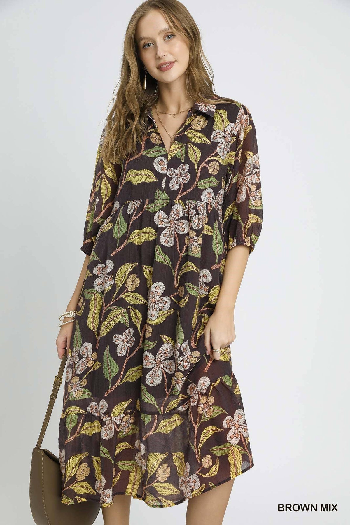 Mixed Floral Print Tiered Midi Dress