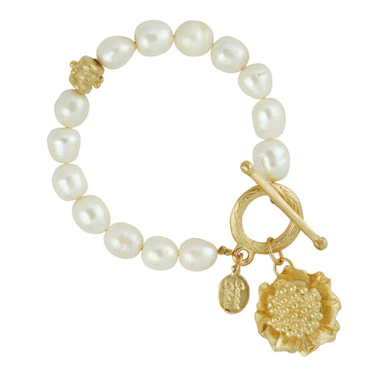 Gold Camellia Flower + Pearl Toggle Bracelet