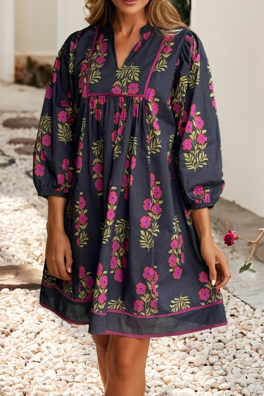 Notched Neck Piping Trim Bracelet Sleeve Babydoll Dress