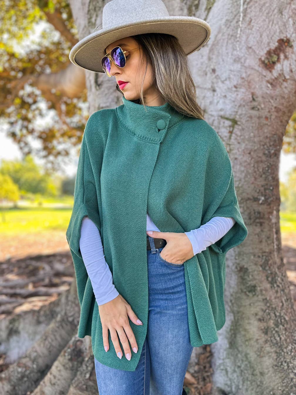Button Neck Knit Cape Ruana Cardigan – Cozy Wrap