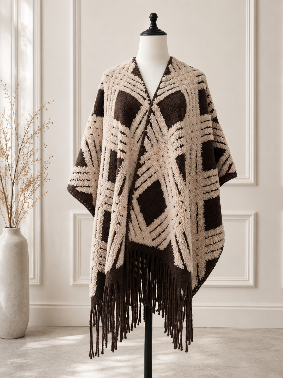 Western Boho 3D Textured Geometric Fringe Ruana Cardigan