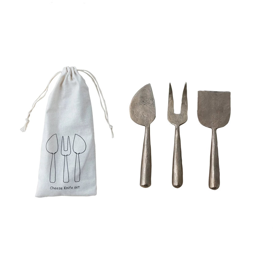 Hand-Forged Metal Cheese Servers, Set of 3 in Drawstring Bag