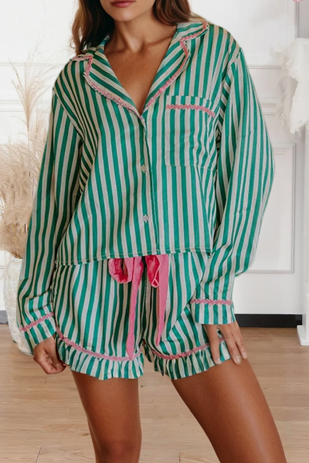 Long Sleeve Shirt Ribbon Drawstring Pajama Short Set