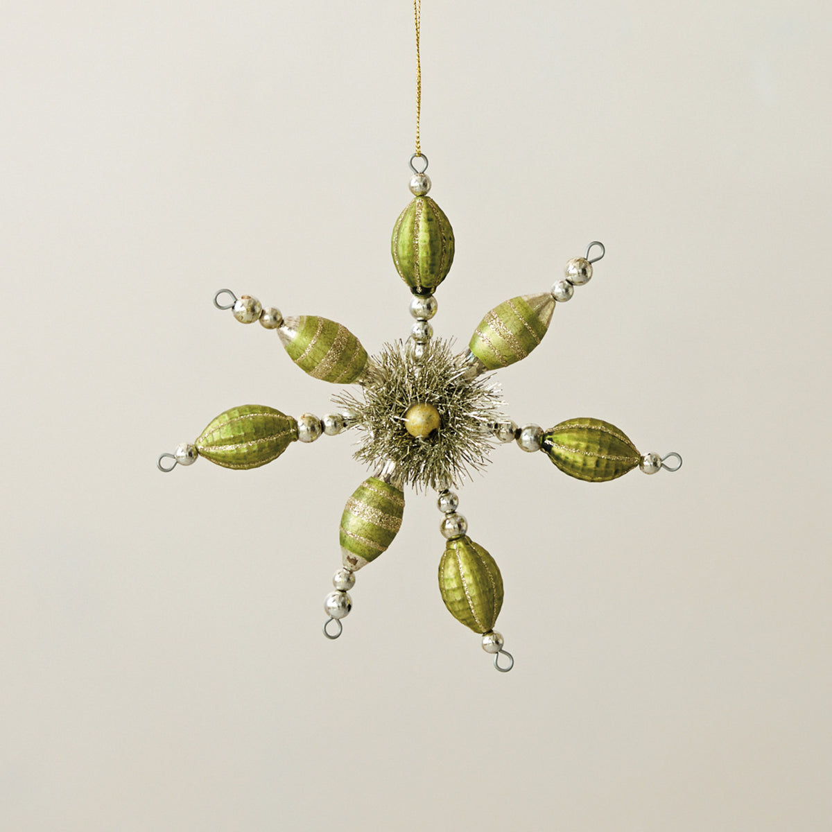 Glass Beaded Snowflake Ornament, Silver Finish & Green