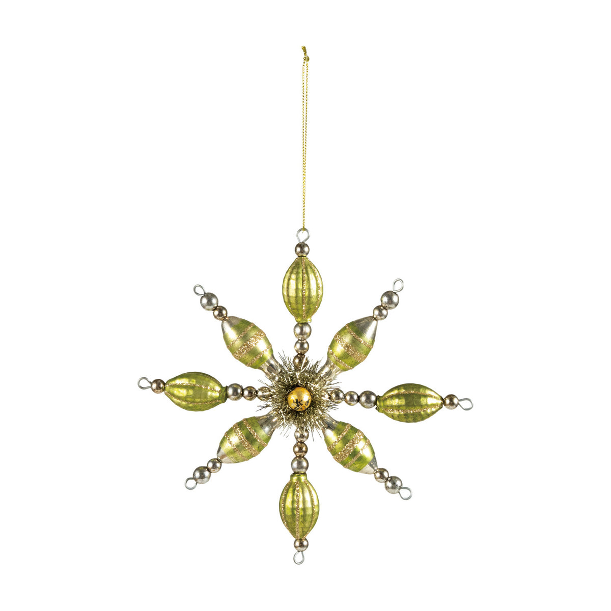 Glass Beaded Snowflake Ornament, Silver Finish & Green