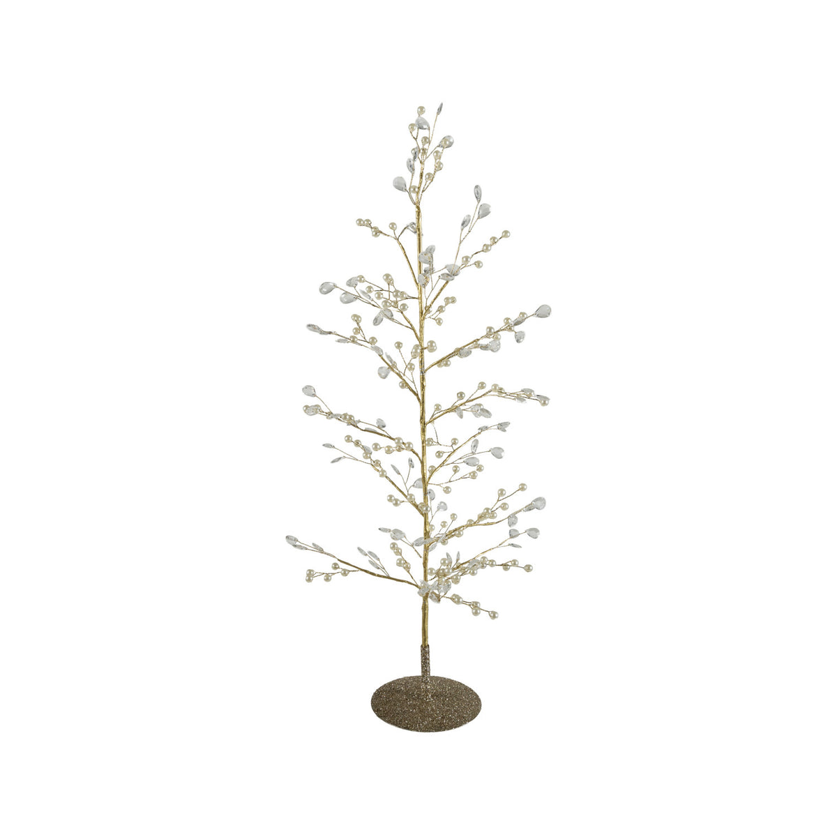 Faux Pearl, Acrylic Jewel & Metal Wire Tree w/ Glitter Base, Gold Finish