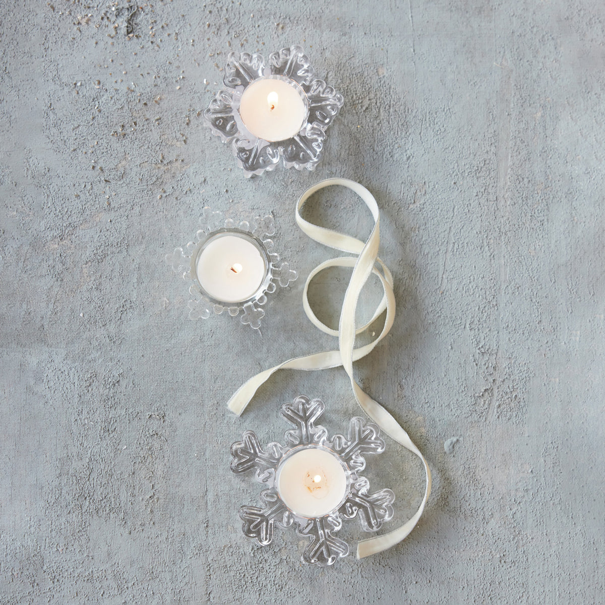 Round Glass Snowflake Shaped Tealight Holders, Set of 3