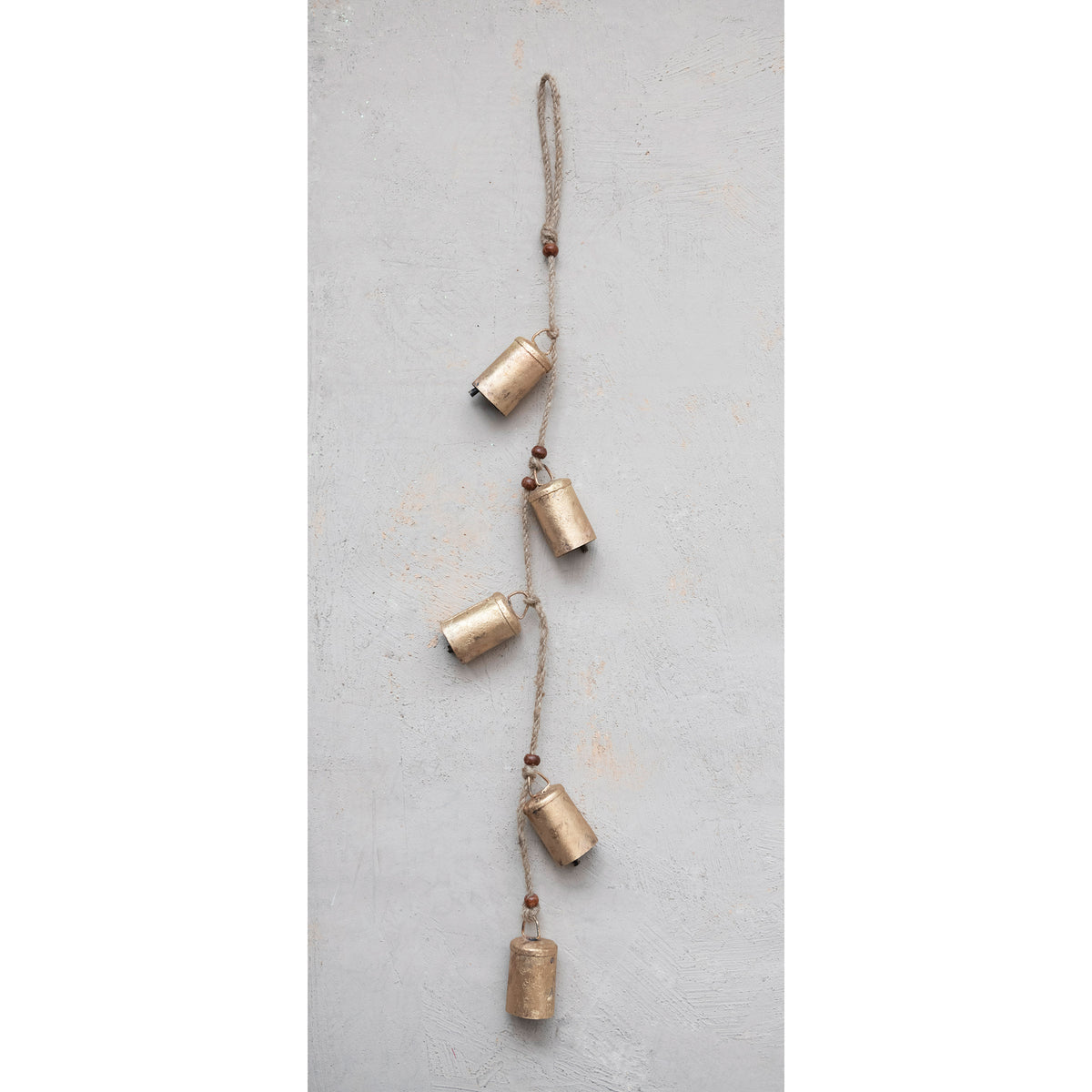 28" Hanging Metal Bells w/Wood Beads & Jute Rope, Antique Brass Finish