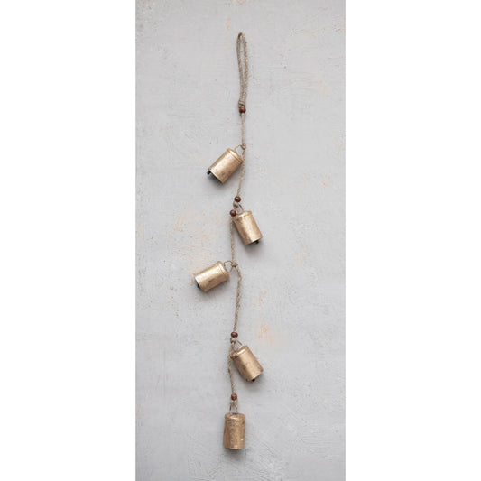 28" Hanging Metal Bells w/Wood Beads & Jute Rope, Antique Brass Finish