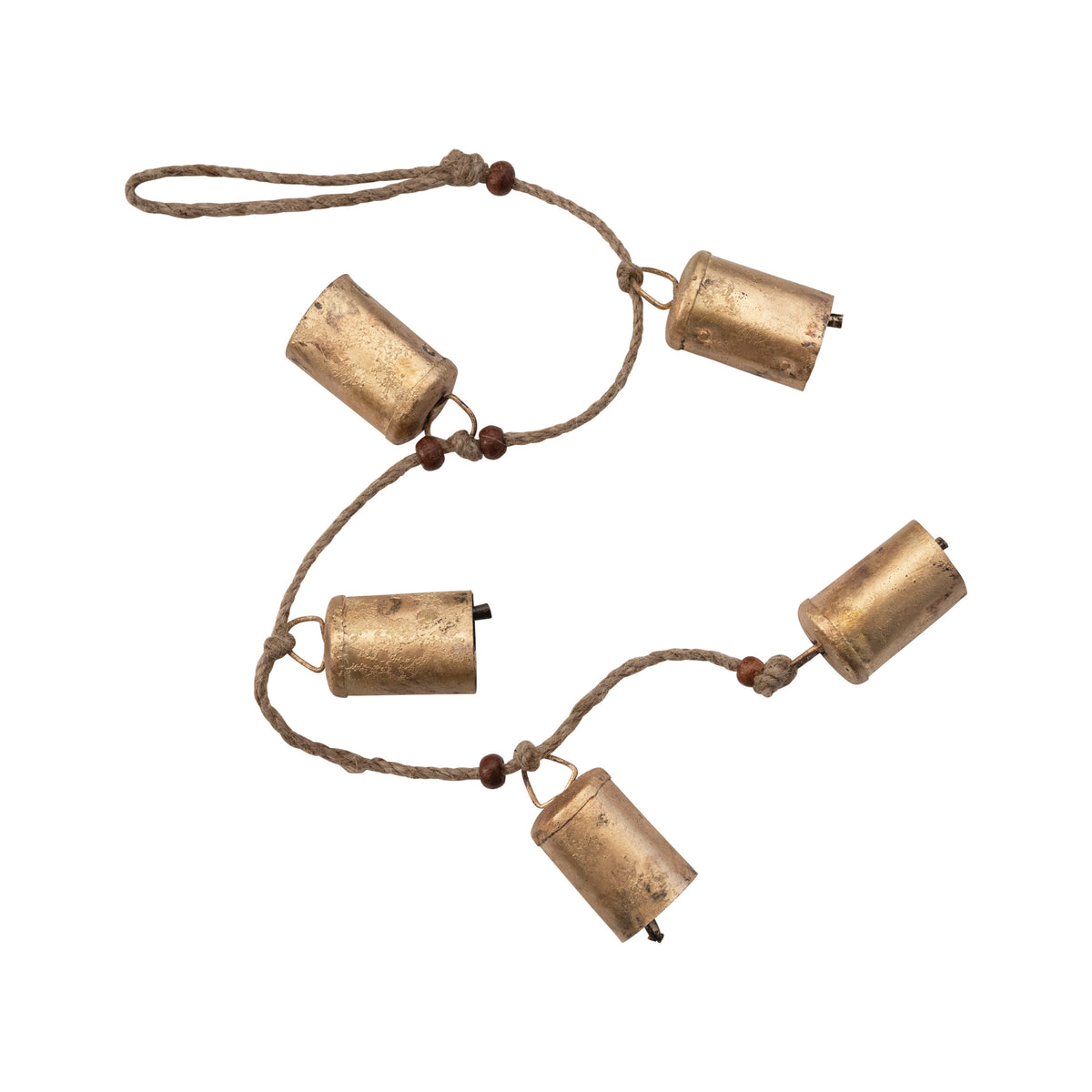 28" Hanging Metal Bells w/Wood Beads & Jute Rope, Antique Brass Finish