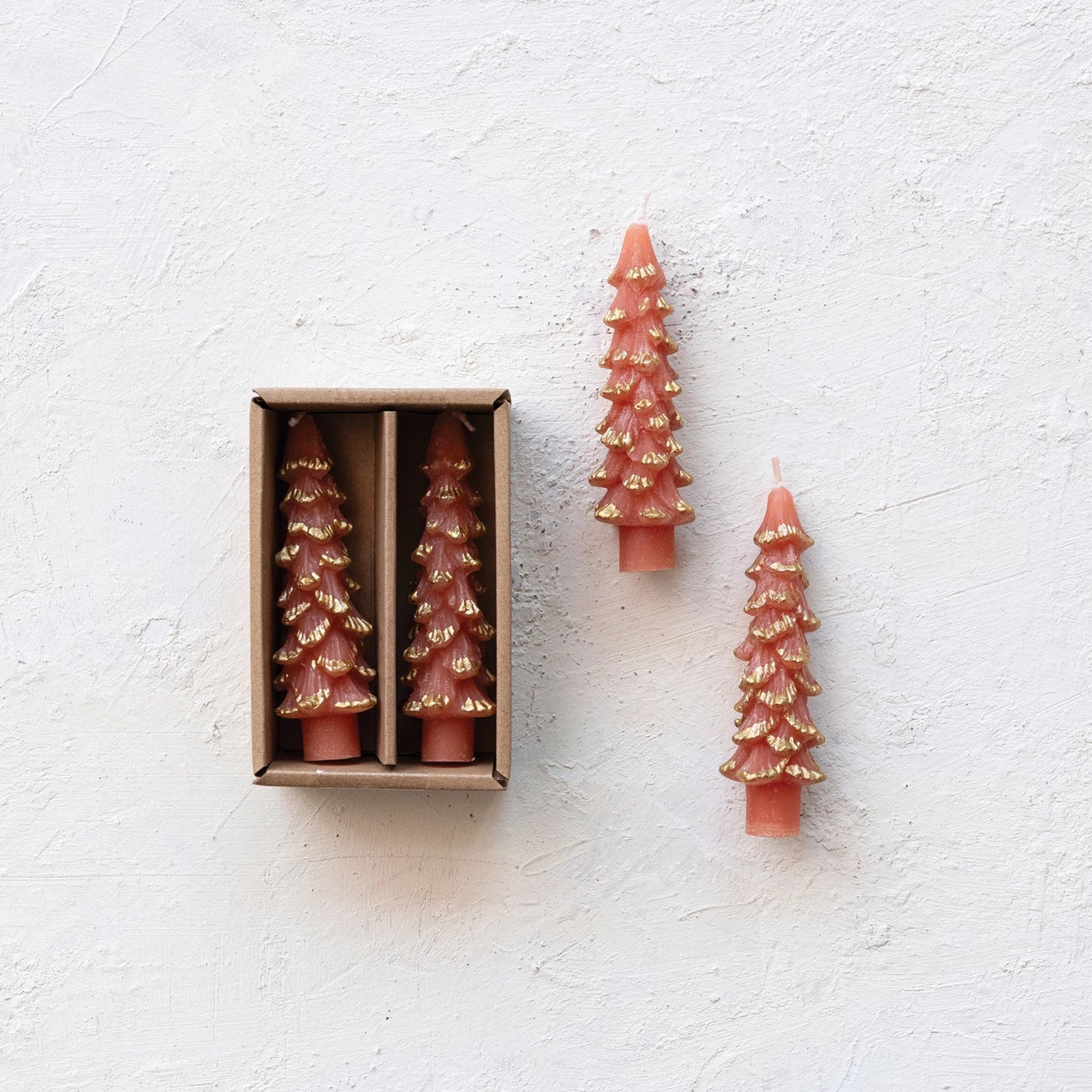 Unscented Coral & Gold Tree Shaped Taper Candles