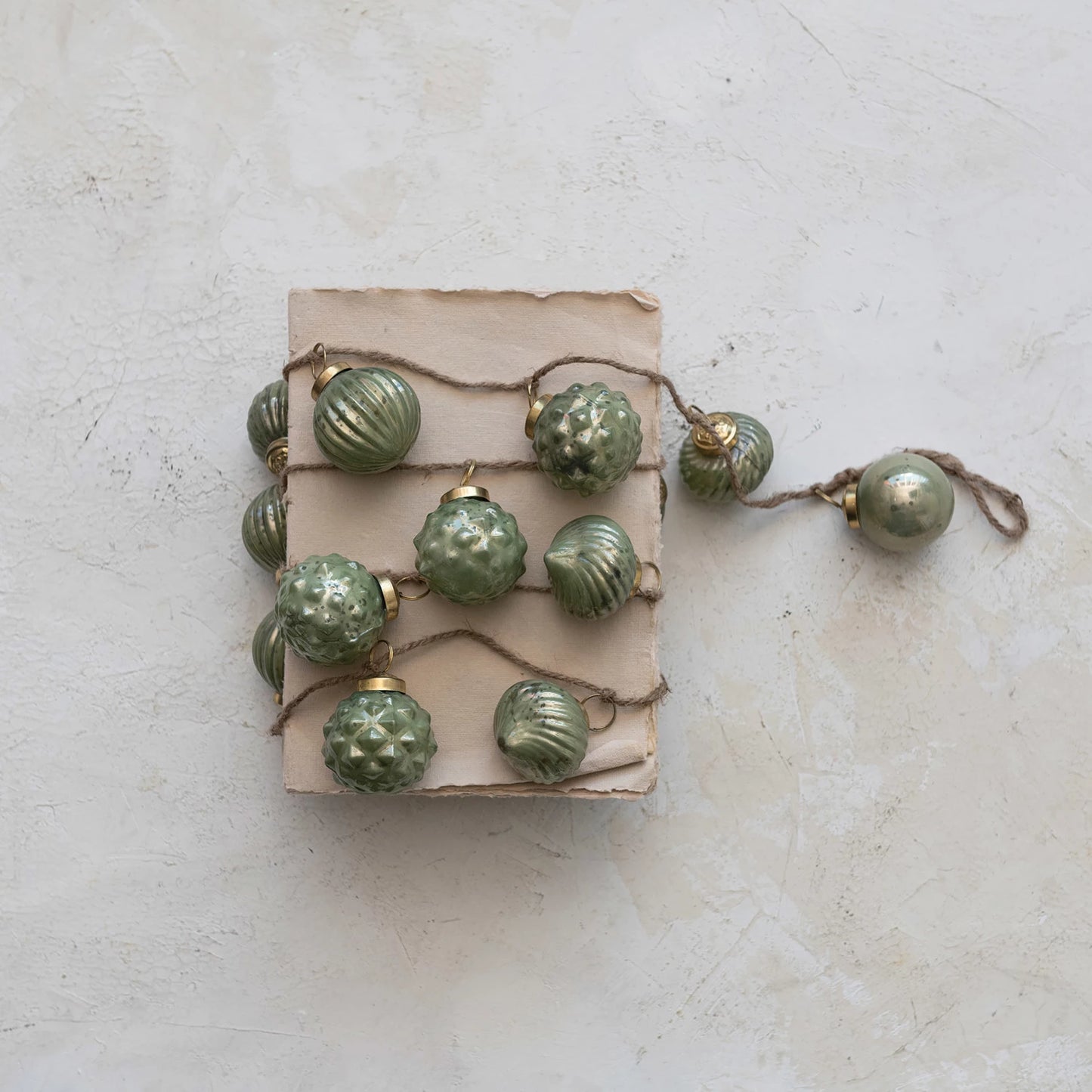 Embossed Recycled Mercury Glass Ball Ornament Garland w/ Jute Cord