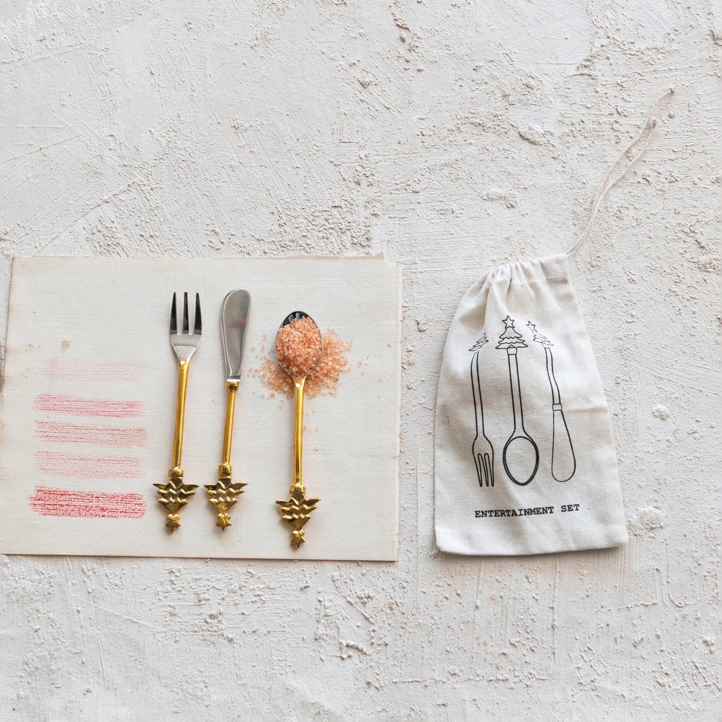 Brass & Stainless Steele Utensils with Christmas Tree Handles