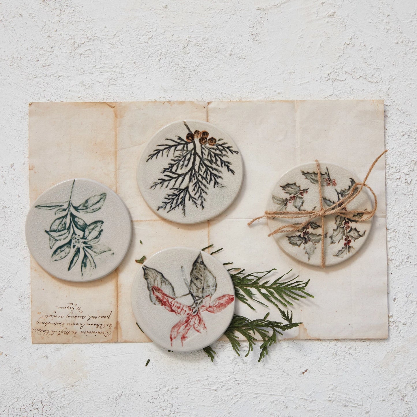 Winter Botanical Stoneware Coaster Set