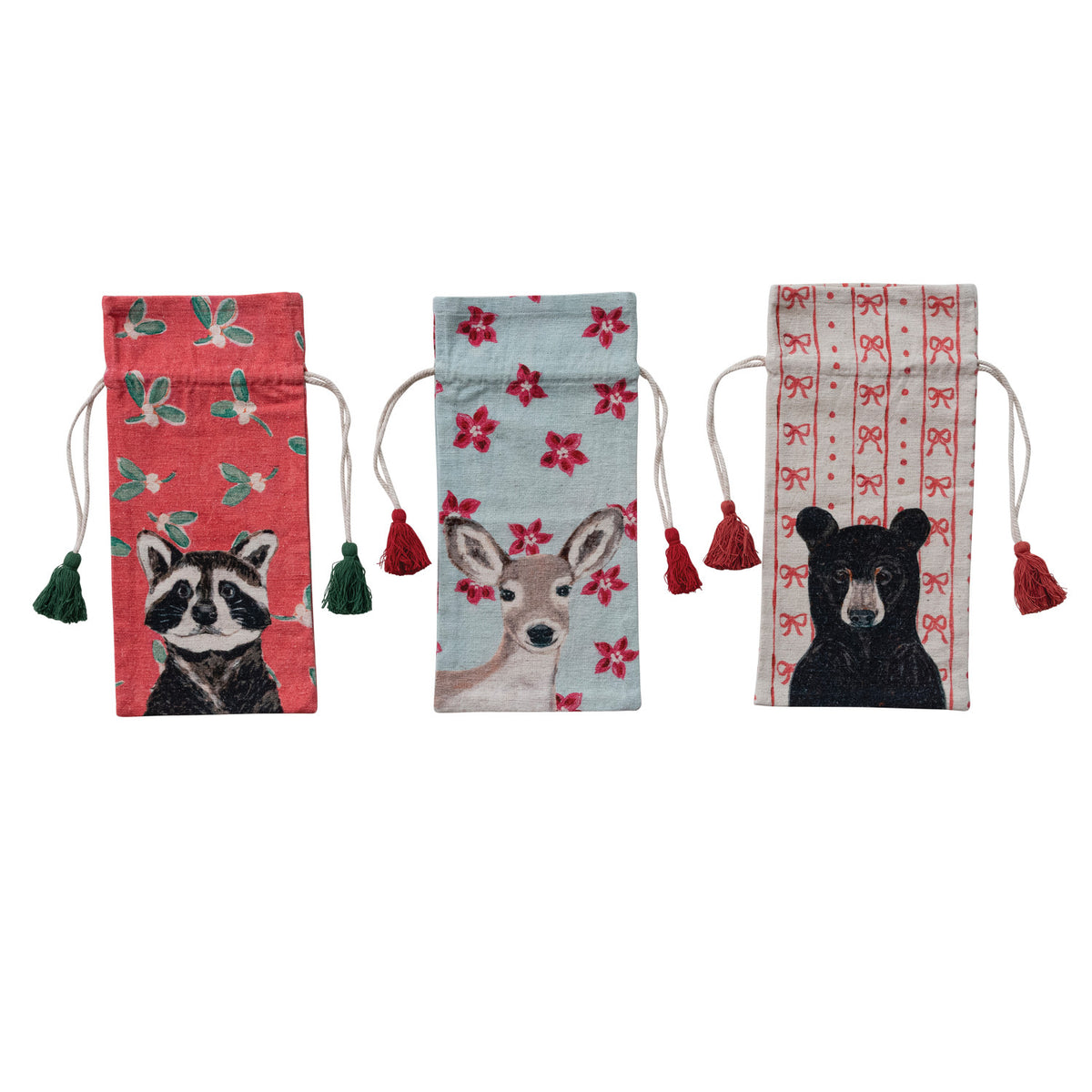 Cotton & Linen Printed Drawstring Wine Bag, 3 Styles