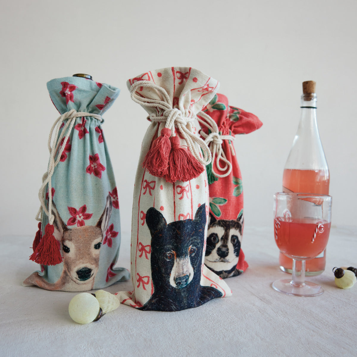 Cotton & Linen Printed Drawstring Wine Bag, 3 Styles