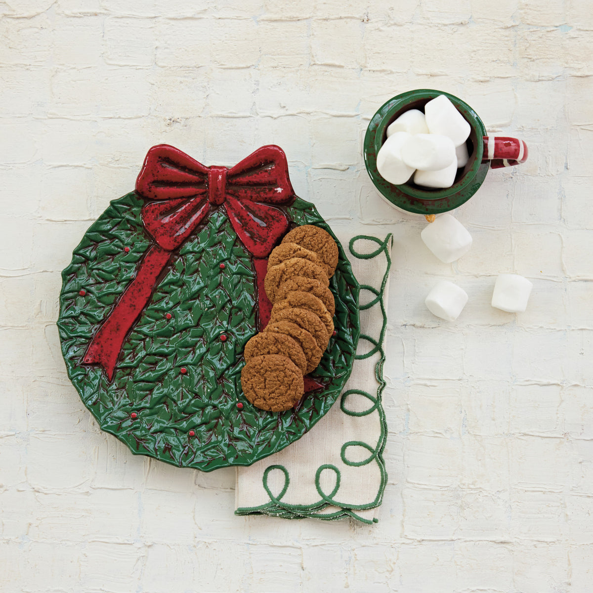 Embossed Hand Painted Ceramic Wreath Plate w Bow